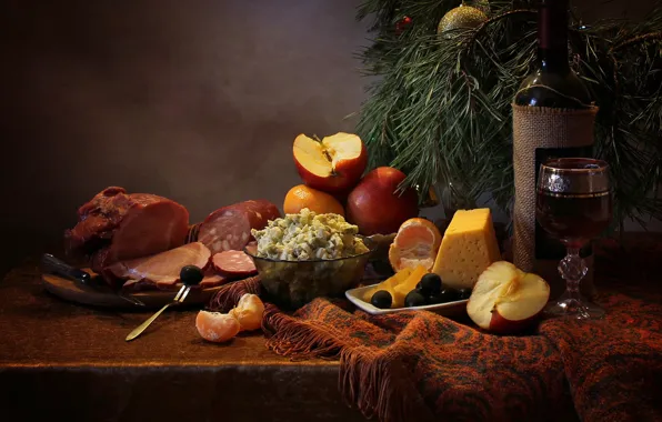 Ветки, стол, праздник, вино, яблоки, игрушки, бутылка, новый год