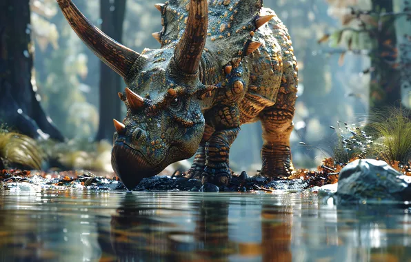 Вода, Деревья, Динозавр, Рога, Речка, Triceratops, Животное, Цифровое искусство