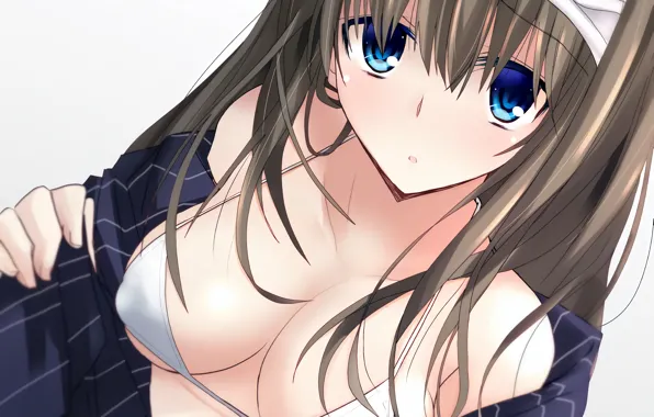 Girl, sexy, cleavage, long hair, brown hair, boobs, anime, blue eyes
