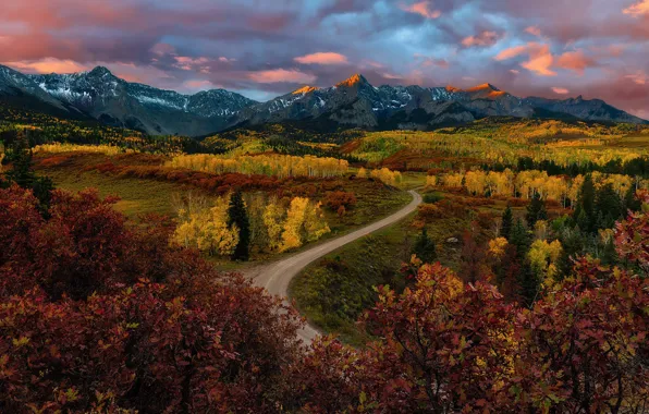 Twilight, road, sunset, mountains, clouds, dusk, valley, fall