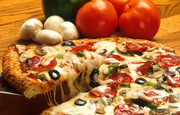 Картинка грибы, еда, сыр, пища, пицца, помидоры, оливки, pizza