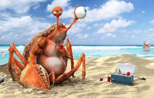Картинка пляж, вода, океан, краб, напиток, лимонад, funny, 3D Art