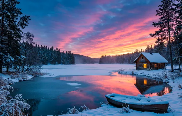 Зима, закат, озеро, wallpaper, хижина, sunset, winter, lake