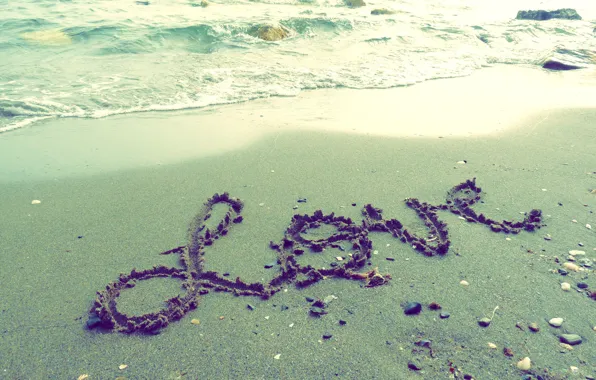 Картинка песок, пляж, любовь, надпись, волна, love