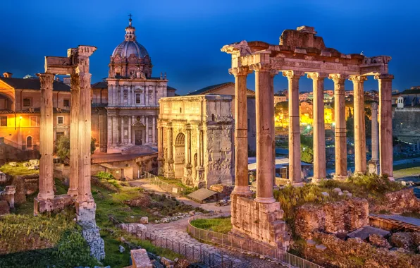 Ночь, огни, Рим, фонари, Италия, развалины, архитектура, Italy