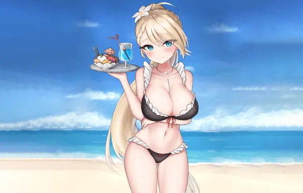 Картинка sexy, beach, long hair, sea, boobs, anime, blue eyes, beautiful