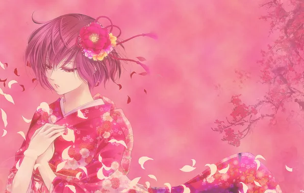 Картинка девушка, цветы, ветер, розовый, лепестки, сакура, кимоно