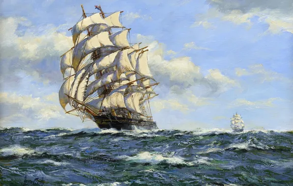 Картинка море, пейзаж, корабль, простор, парус, Henry Scott, волны. ветер, The Clipper Leander in Full Sail