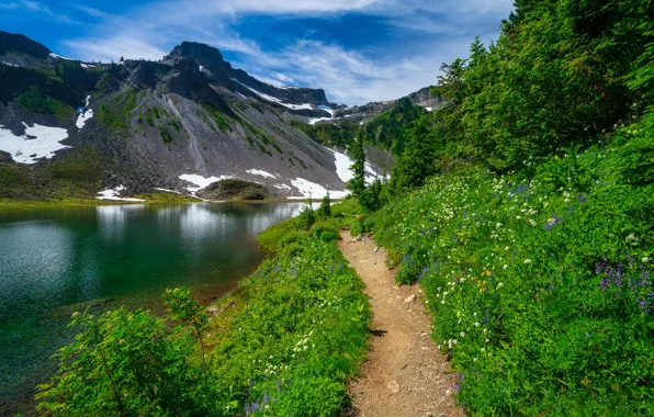 Картинка горы, озеро, тропинка, Каскадные горы, Washington State, Cascade Range, Штат Вашингтон, Озеро Багли