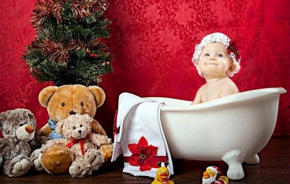 Картинка игрушка, девочка, ванна, ёлка, чепчик, малышка, ребёнок, плюшевый мишка
