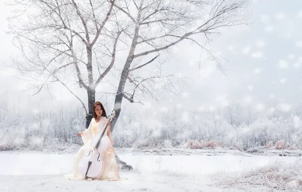 Зима, девушка, музыка, инструмент