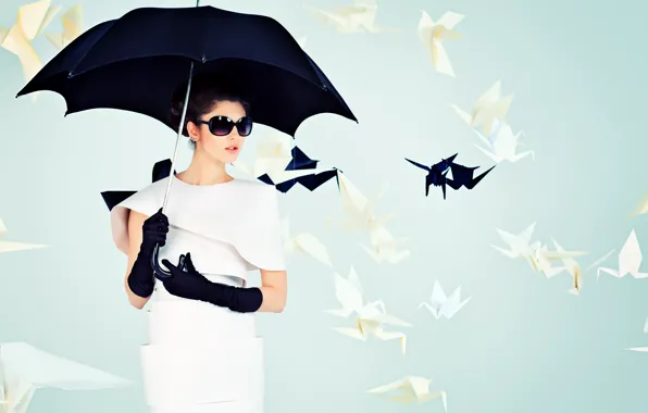 Картинка девушка, зонт, перчатки, шатенка, оригами, тёмные очки