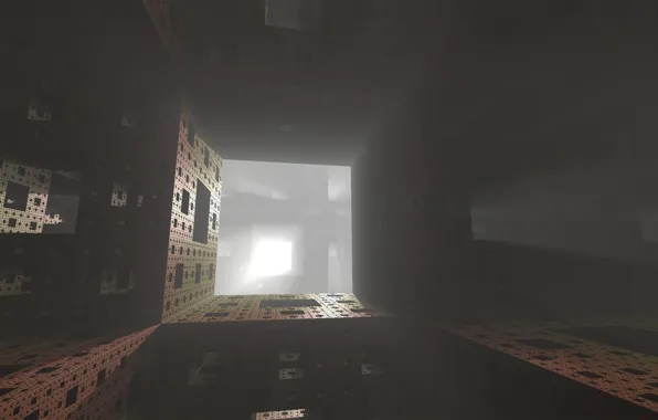Картинка лучи, свет, туман, фрактал, губка Менгера