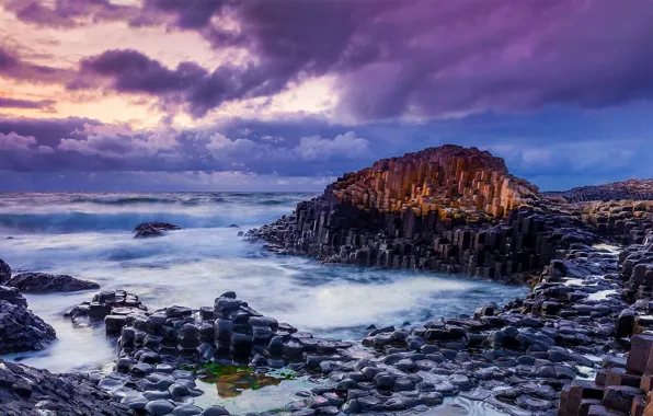 Waves, storm, ocean, clouds, Ireland, Giant's causeway