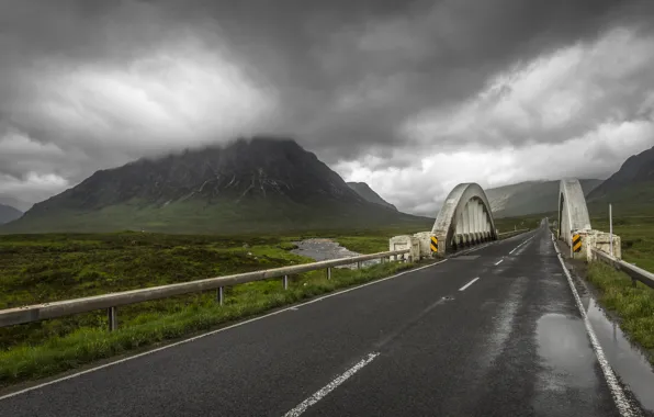 Дорога, горы, тучи, мост, Шотландия, Scotland