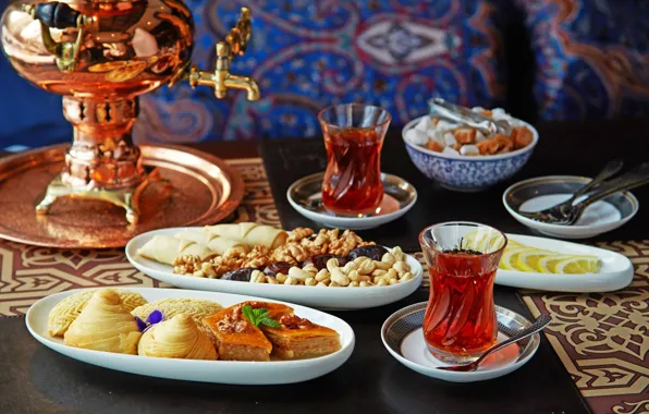 Картинка чай, сладости, орехи, пахлава