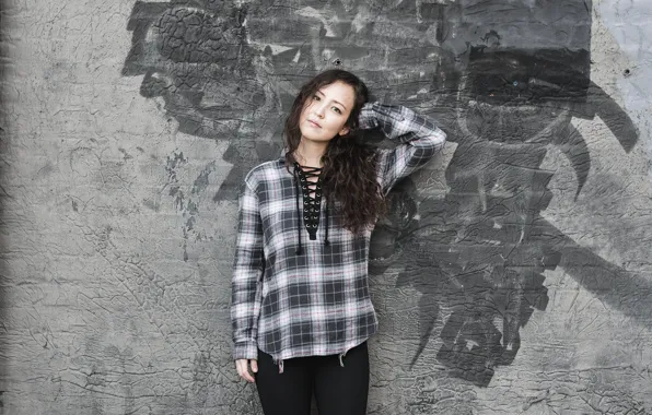 Girl, Brunette, Wall, Eyes, Gray, Sight