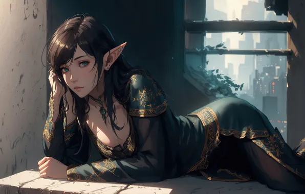 Girl, fantasy, dress, art, elf, digital art, cute, fantasy art