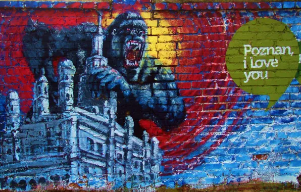 Город, стена, рисунок, горилла, графити