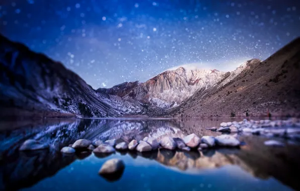 Горы, ночь, утро, USA, боке, тилт шифт, Convict Lake, Sierra Nevada in California