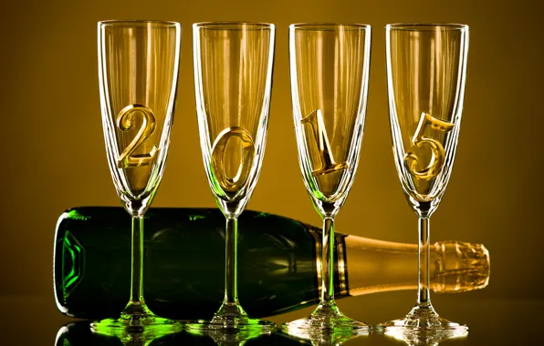 Бутылка, Новый Год, бокалы, gold, шампанское, New Year, Happy, champagne