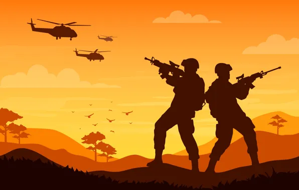 Солдаты, Силуэты, Вертолеты, Military, Векторная графика