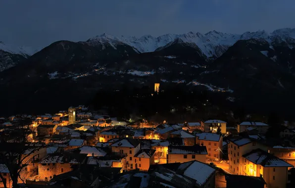 Картинка lights, Italy, night, winter, Alps, Lombardy, Teglio, Sondrio