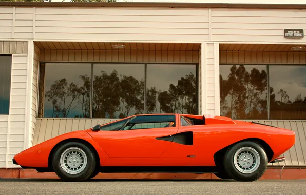 Здание, lamborghini, вид сбоку, красная, countach lp400