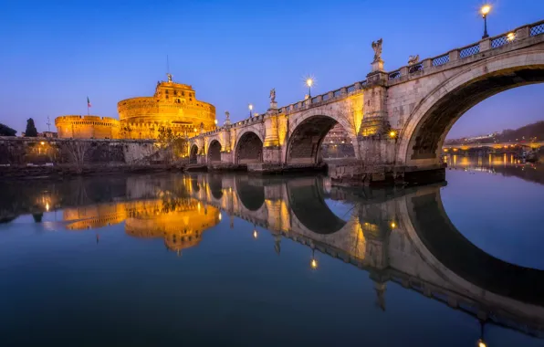 Мост, огни, река, вечер, Рим, Италия, Тибр, Ponte Sant'Angelo