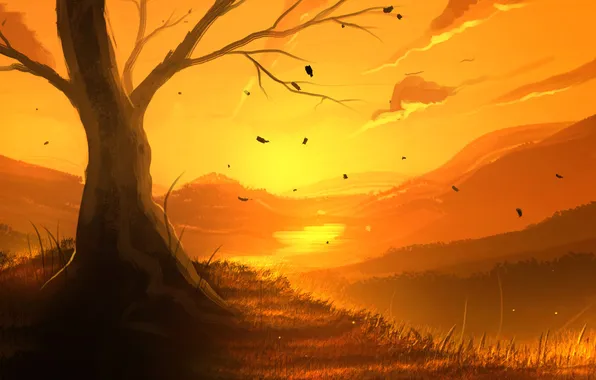 Картинка листья, пейзаж, закат, река, дерево, арт