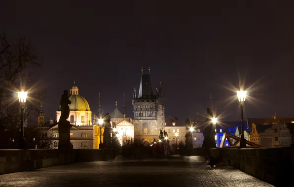 Ночь, огни, башня, Прага, Чехия, Карлов мост