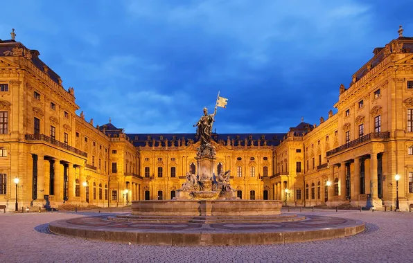 Ночь, Германия, Бавария, площадь, фонтан, скульптура, Вюрцбург, Frankoniabrunnen