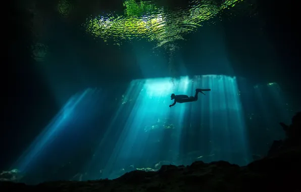 Картинка море, вода, свет, океан, мрак, человек, водолаз, под водой