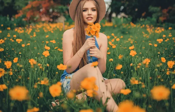 Девушка, цветы, природа, шляпа, луг, шатенка, букетик