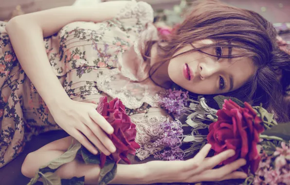 Взгляд, цветы, настроение, розы, азиатка, Lilly Luta