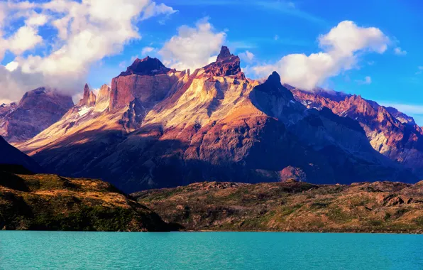 Картинка небо, облака, горы, Чили, Южная Америка, Национальный парк Торрес-дель-Пайне, Lake Pehoé