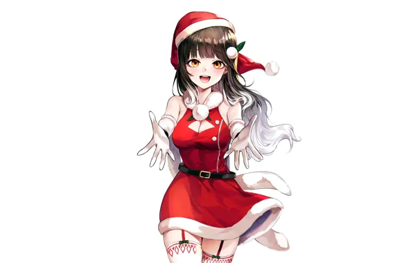 Girl, sexy, cleavage, thighhighs, long hair, dress, brown hair, boobs