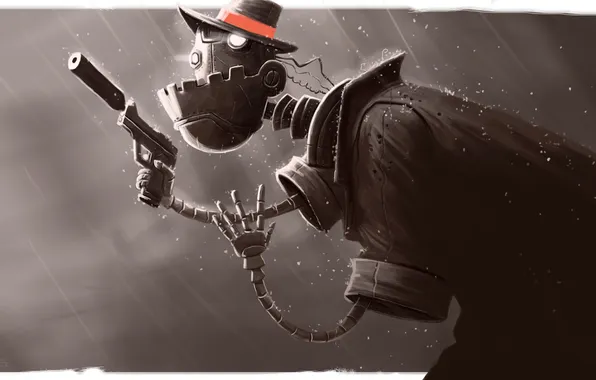 Картинка оружие, дождь, робот, шляпа, арт, убийца
