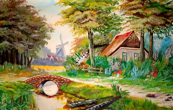Деревья, пейзаж, цветы, мост, дом, ручей, рисунок, картина
