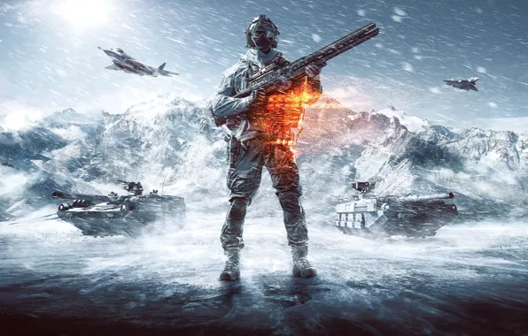 Снег, оружие, солдат, метель, экипировка, танки, самолёты, Battlefield 4