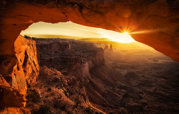Солнце, лучи, закат, горы, природа, каньон, пещера, сша