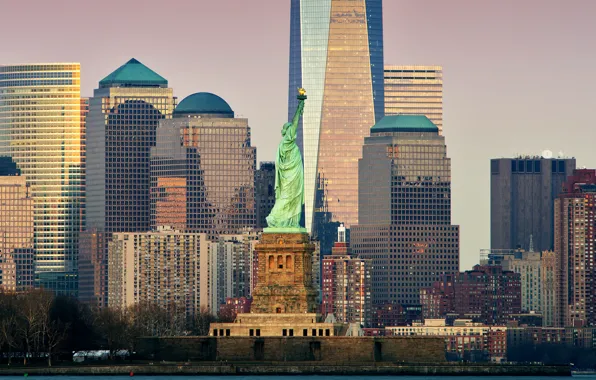 Картинка небоскреб, дома, Нью-Йорк, США, Манхэттен, статуя Свободы
