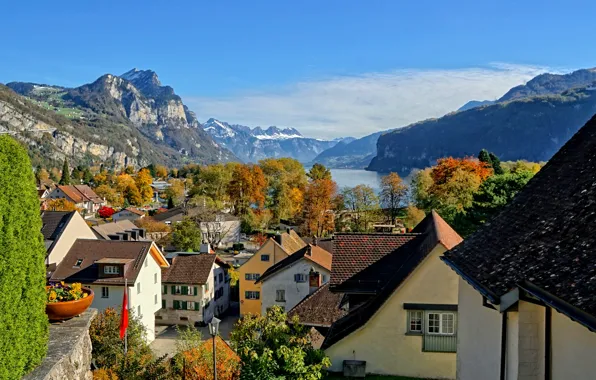 Небо, горы, озеро, дома, Швейцария