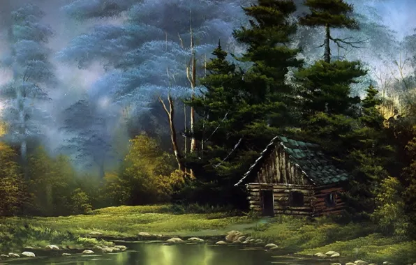 Картинка лес, вода, деревья, пейзаж, природа, озеро, дом, камни