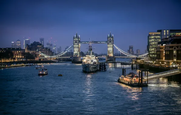 Мост, огни, река, Англия, Лондон, корабли, Темза, Tower bridge