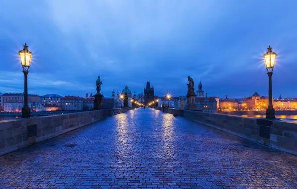 Ночь, мост, огни, Прага, Чехия, фонари, Карлов мост, Czech Republic