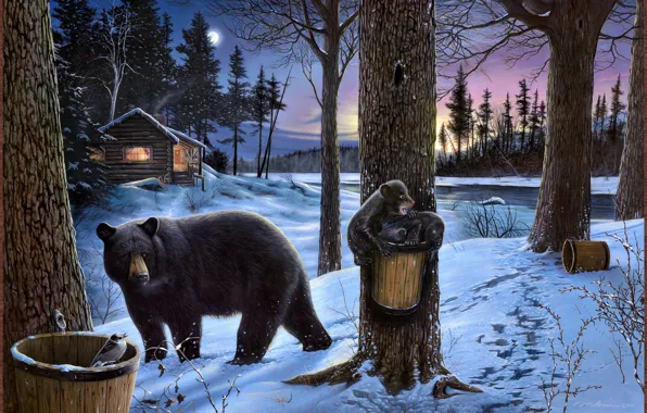Картинка зима, лес, природа, дом, река, луна, избушка, медведь