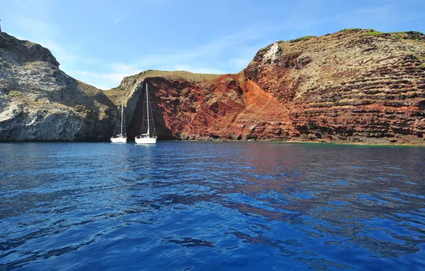 Картинка море, небо, скалы, яхта