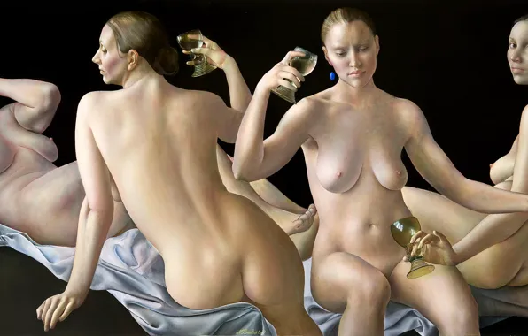 Грудь, бокалы, 2009, Фигуративная живопись, Normunds Braslins, голубая шёлковая ткань, голые женщины, Четыре времени года