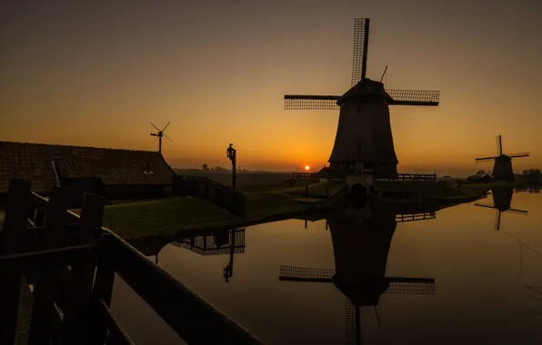 Закат, вечер, канал, Нидерланды, ветряная мельница, Схермер